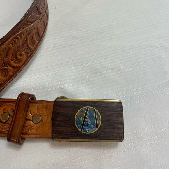 Santa Fe Stoneworks Brown Tooled Vintage Belt Size 38 - Picture 2 of 7